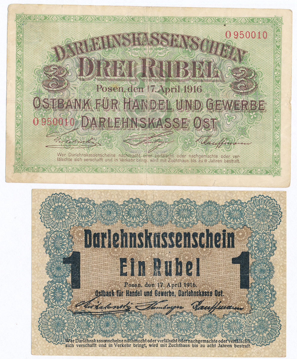Polska OST. rubel 1916, 3 ruble 1916 Poznań seria O, zestaw 2 banknotów